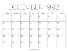 December 1992 Calendar – Printable Old Calendars