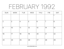 Calendar February 1992 – Printable Old Calendars
