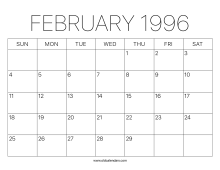 1996 Calendar February