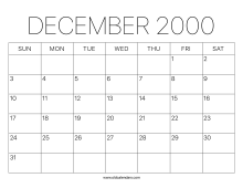 December 2000 Calendar – Printable Old Calendars