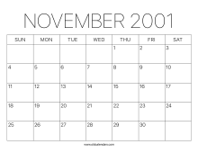November 2001 Calendar – Printable Old Calendars