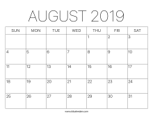 2019 Calendar August