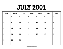 July 2001 Calendar – Printable Old Calendars