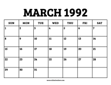 March 1992 Calendar – Printable Old Calendars